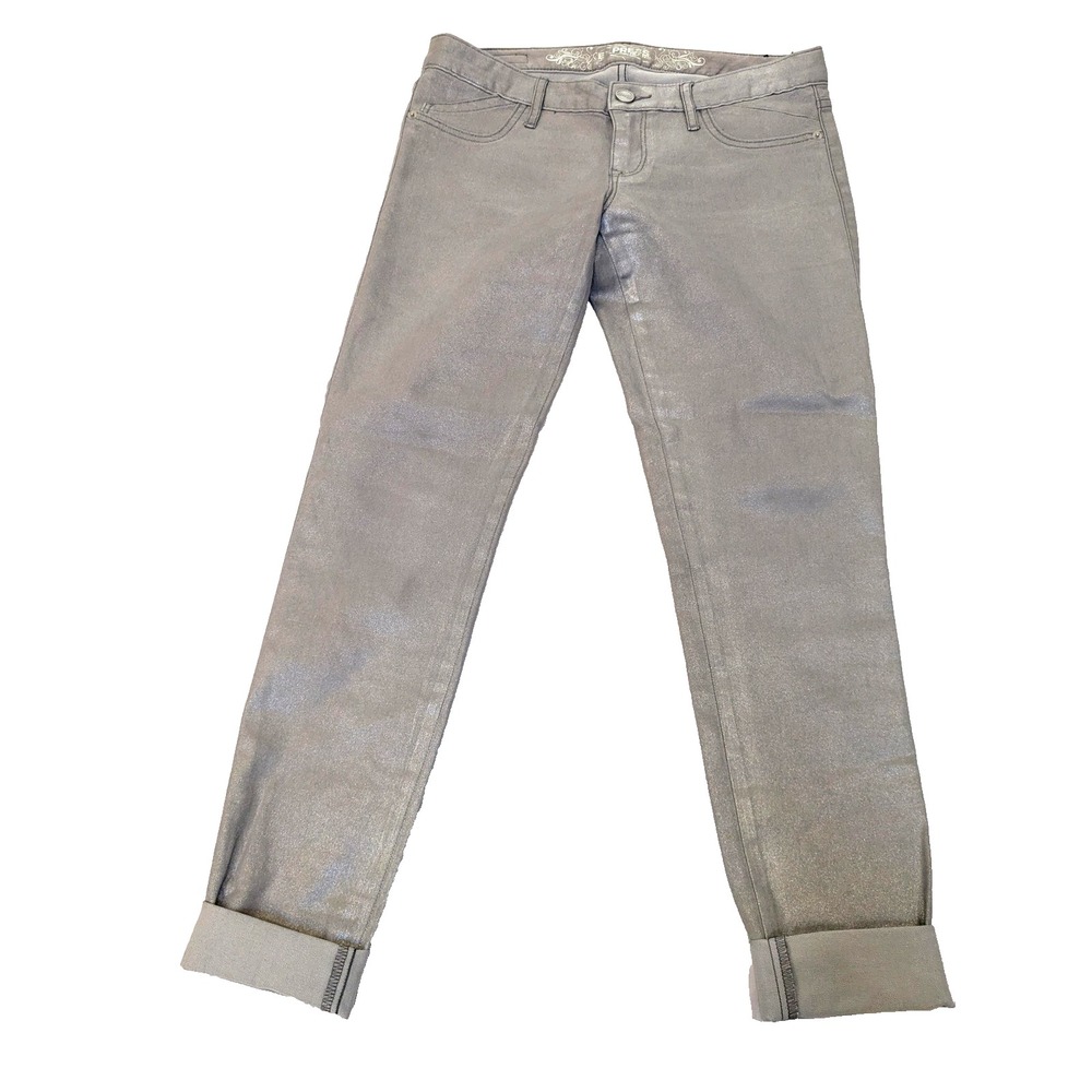 Express Jeans Womens 8 Silver Metallic Skinny Pants Stretch Shimmer Coated Denim
